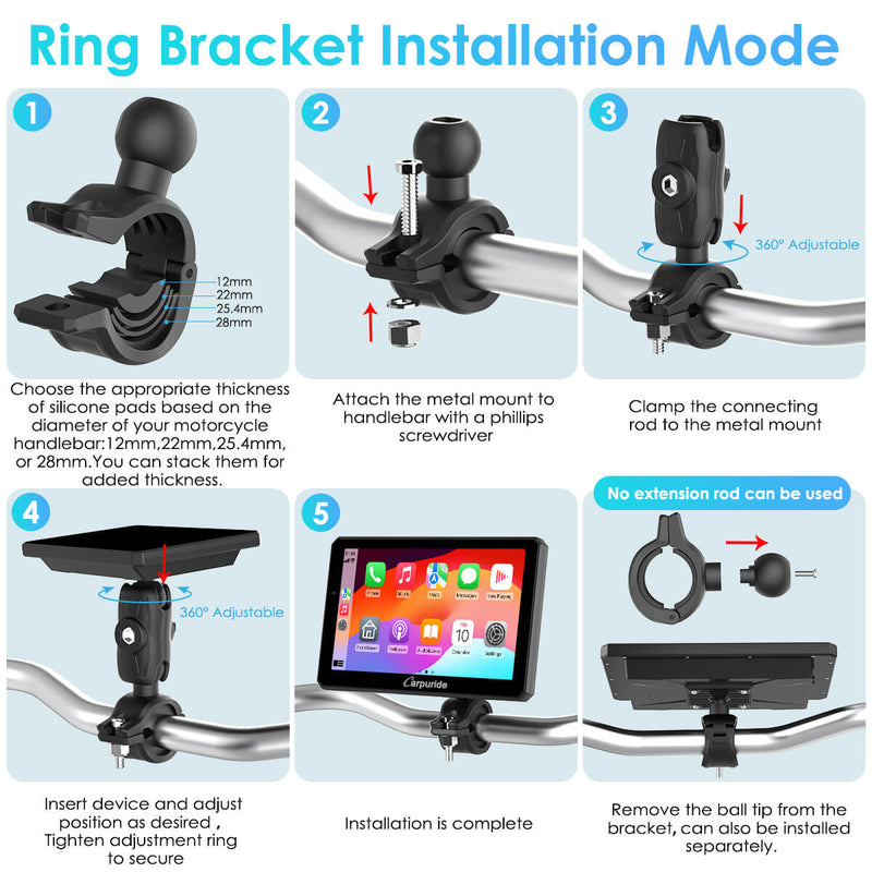 how to install Carpuride-W712D on motorbike bar with ring bracket