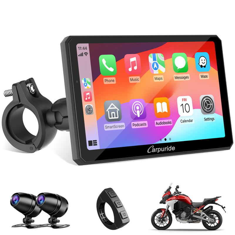 Carpuride-W712D motorcycle gps with dual cameras and wired controller