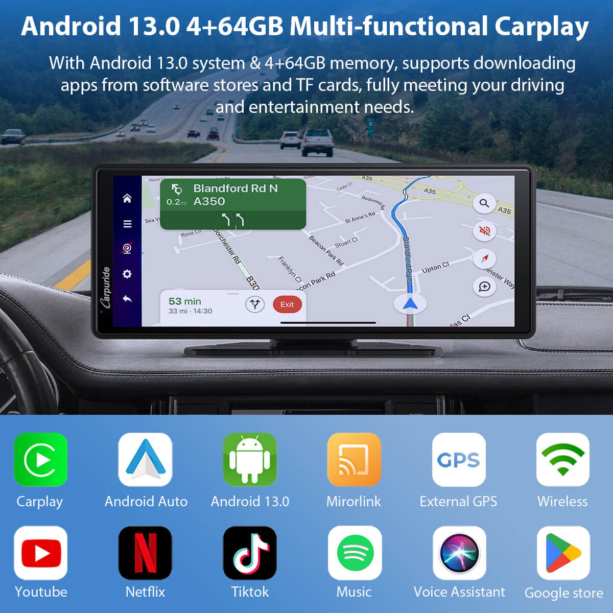 CARPURIDE W903 Plus Portable Wireless Car Stereo, Support Install Apps