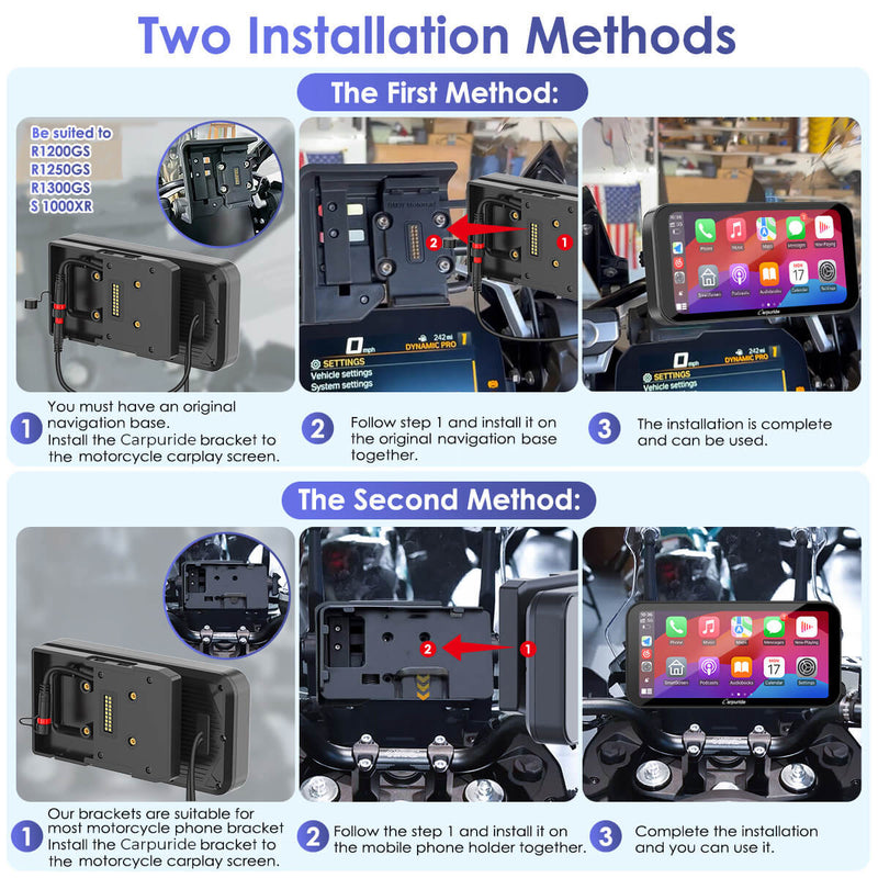 Carpuride_603B_Installation_Methods: Two methods to install a motorcycle GPS on the bike, BMW special bracket
