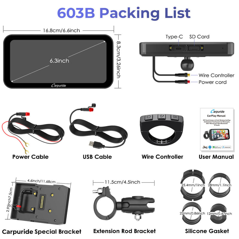 Carpuride_603B packing list: carplay screen, 2 power cables, user manual, BMW and ring brackets, wired controller