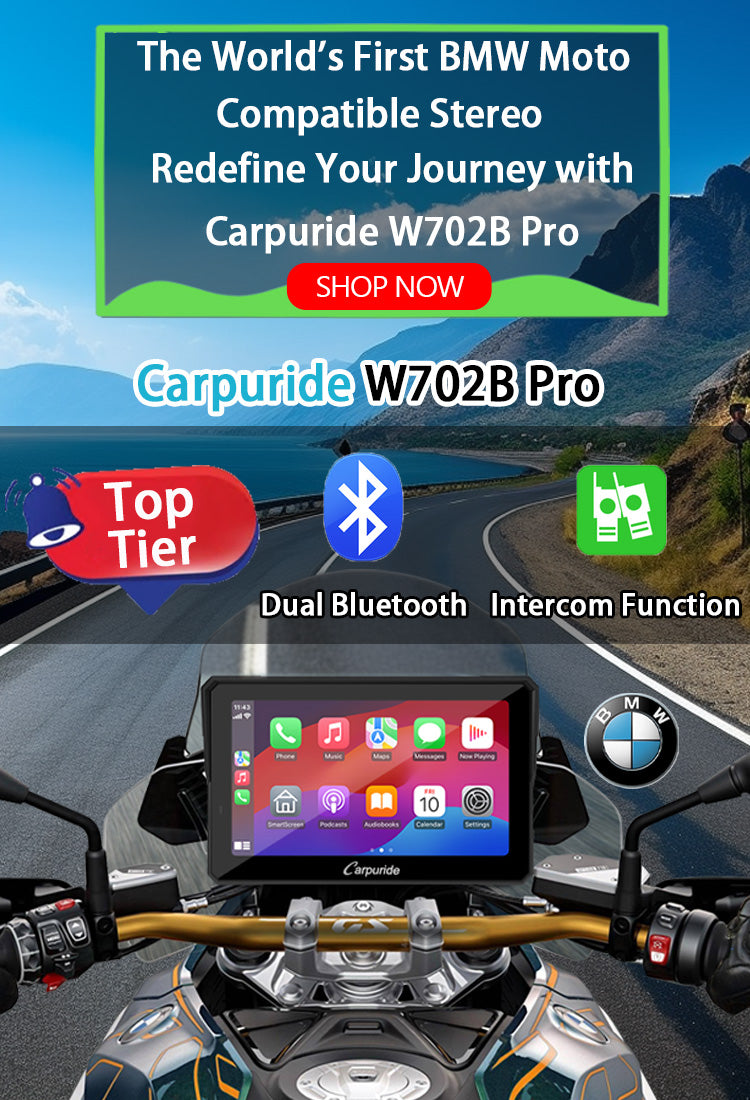 Carpuride W702B Pro Motor CarPlay Scherm – 7 Inch, Waterdicht Touchscreen, Draadloze CarPlay & Android Auto, Dual Bluetooth, Intercom, Speciaal Voor BMW R1200GS/R1250GS