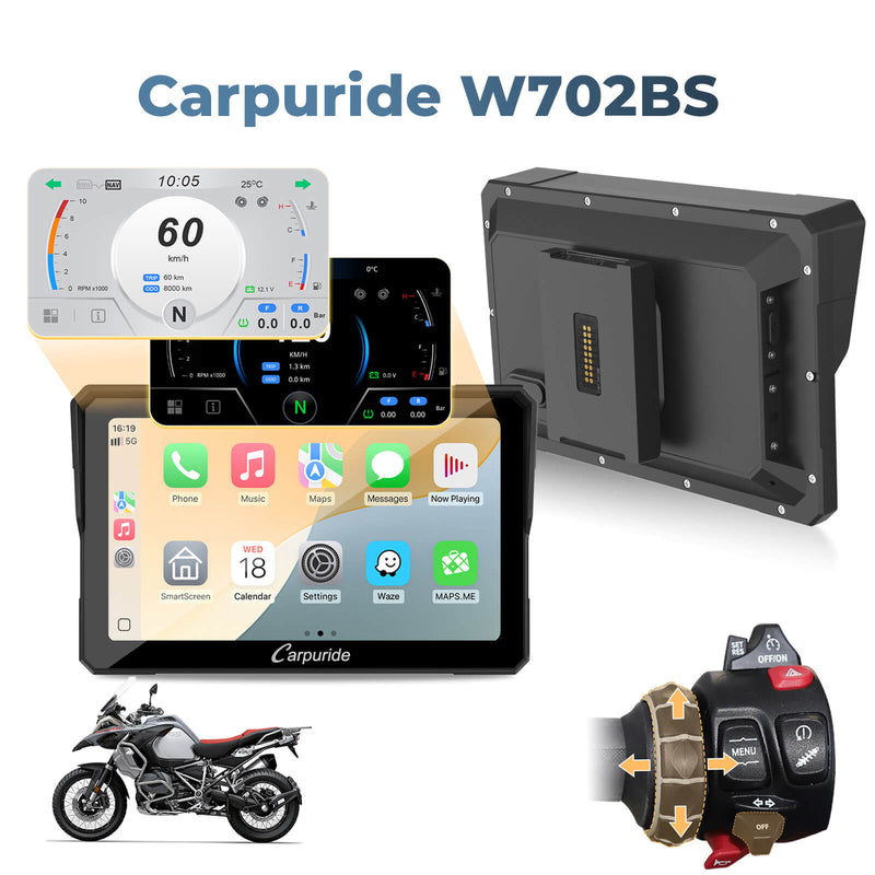 CARPURIDE W702RS Pro Motorfiets Carplay Scherm met Radar BSD en BM05 Mount, Draadloze CarPlay & Android Auto, 7 inch Waterdicht Touchscreen, Intercom Functie, Dual Bluetooth, Wired Controller, Navi CARPURIDE W702RS Pro Motorfiets Carplay Scherm met Radar BSD en BM05 Mount, Draadloze CarPlay & Android Auto, 7 inch Waterdicht Touchscreen, Intercom Functie, Dual Bluetooth, Wired Controller, Navi