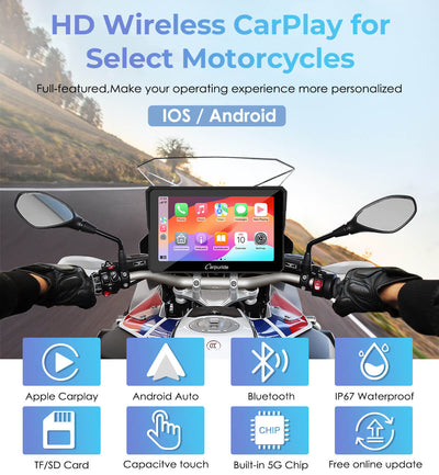Carpuride W702B/W502B Wireless CarPlay Motorcycle Stereo | IP67
