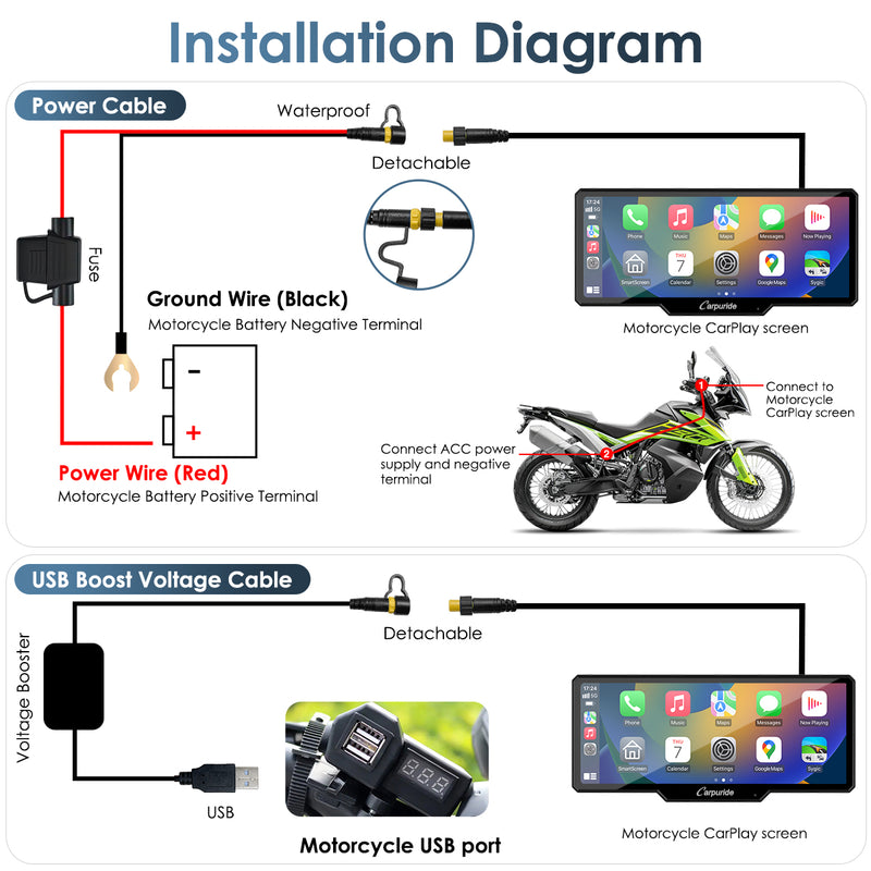 install a motorcycle sound system on bike via power cable or USB boost volltage cable