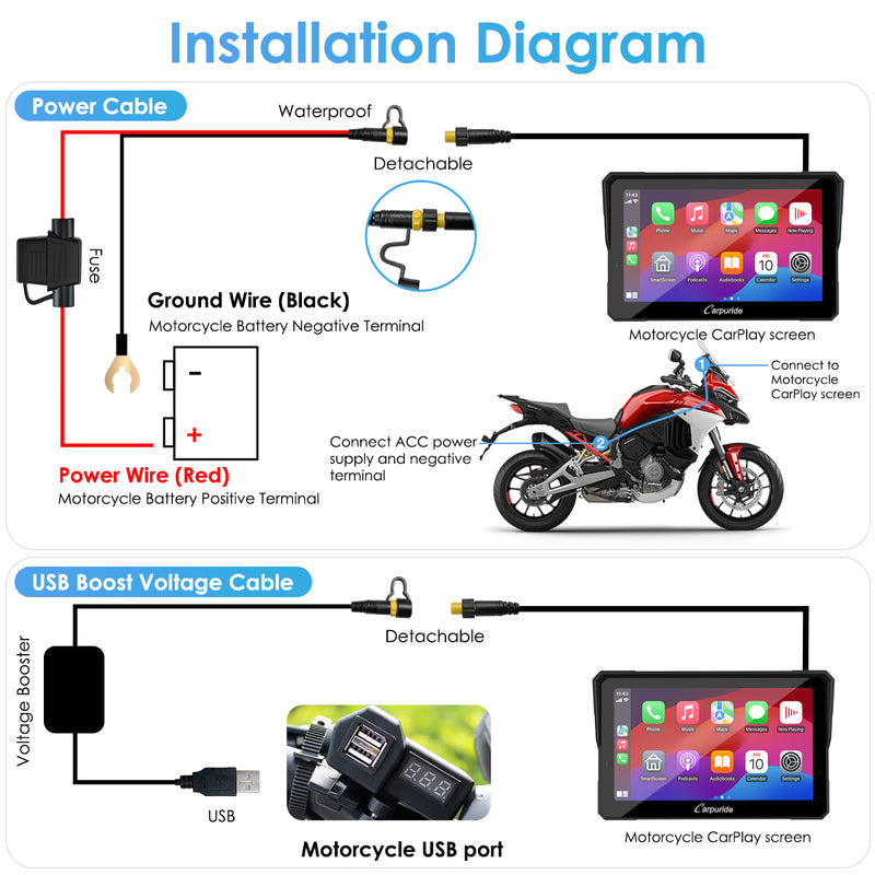 Carpuride W702 Pro Wireless Portable Upgraded Dual Bluetooth Waterproof IP67 Motorcycle Stereo, with Intercom function,  Compass/Barometer