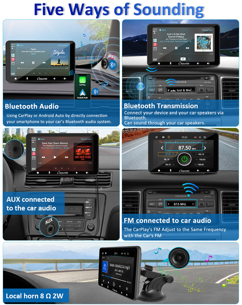 5 ways of sounding: bt audio, bluetooth transmission, local horn, aux connection, FM transmission