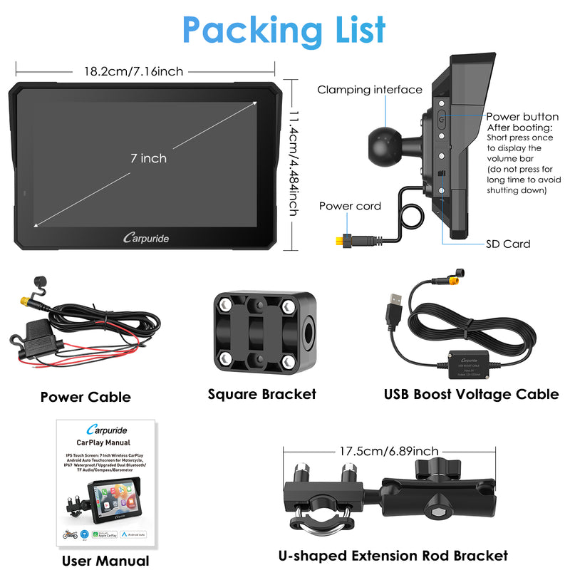 Carpuride W702 Pro Wireless Portable Upgraded Dual Bluetooth Waterproof IP67 Motorcycle Stereo, with Intercom function,  Compass/Barometer