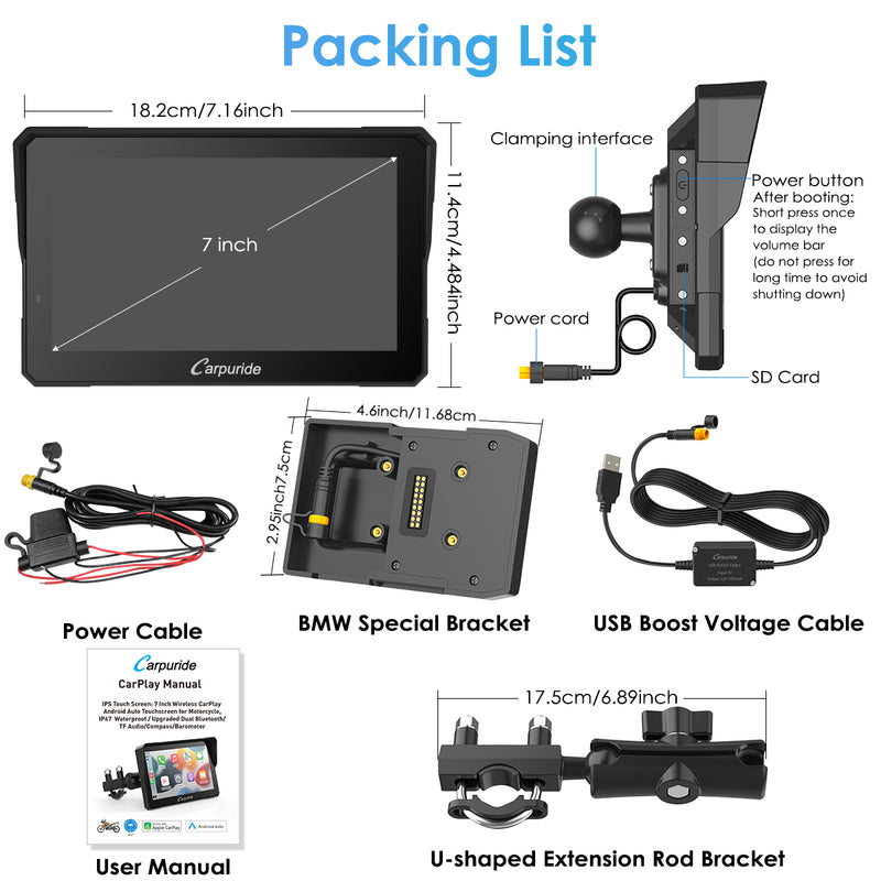 Carpuride W702B Pro Wireless Portable Upgraded Dual Bluetooth Waterproof IP67 Motorcycle Stereo, with Intercom function, Compass/Barometer, BMW Motorcycles Bracket