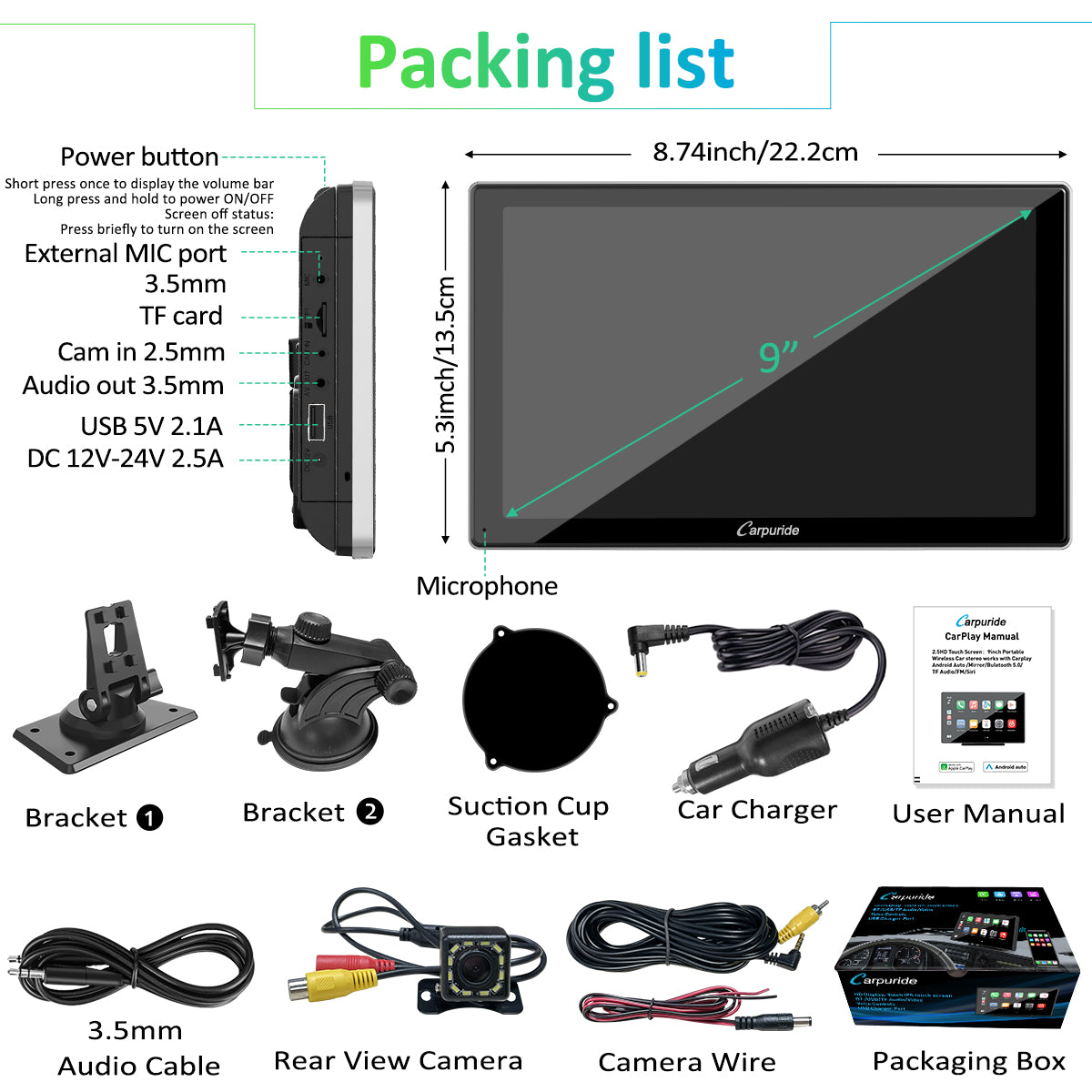 CARPURIDE Car Stereo with Wireless Apple CarPlay&Android Auto, 9