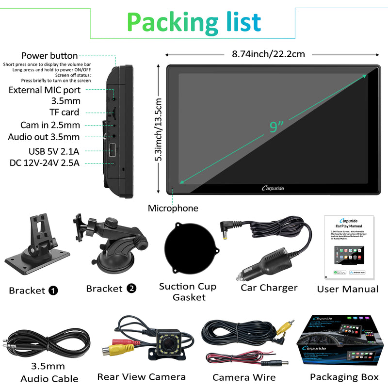 CARPURIDE W901 Pro Portable Smart Multimedia Dual Bluetooth Dashboard Console With Backup Camera