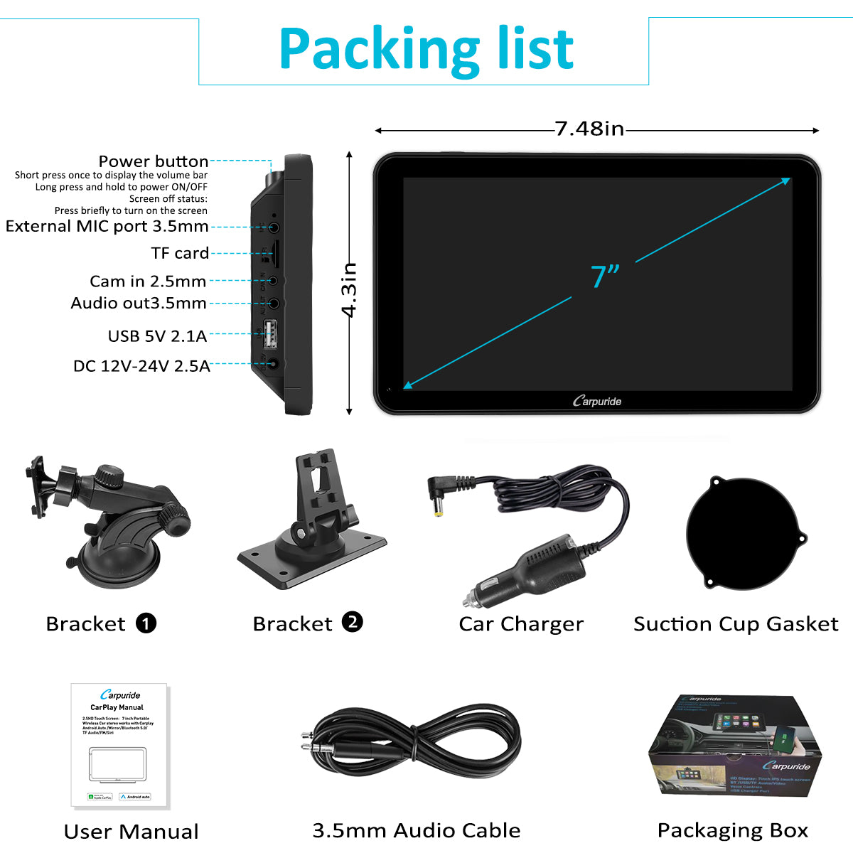 CARPURIDE Car Stereo with Wireless Apple CarPlay&Android Auto, 7" IPS