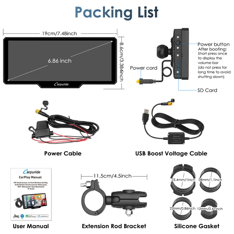 packing list: main screen, 2 power cables, user manual, extension rod braket 