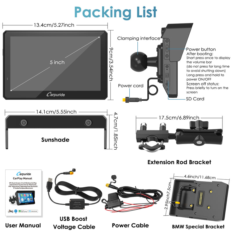 packing list: main device, 2 power cables, user manual, BMW bracket & extension rod bracket