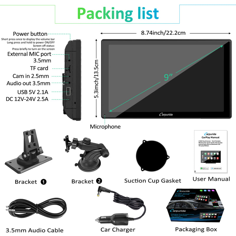 Portable Wireless Carplay Screen Dash Mount, 7 Inch Touch Screen Ca