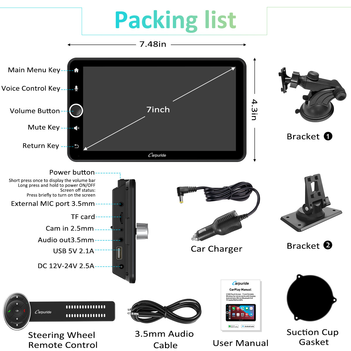 CARPURIDE W706 Wireless Portable Car Stereo with Steering Wheel Contro