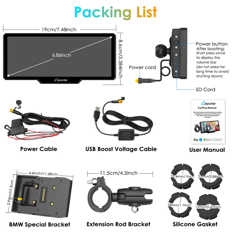 packing list: main screen, 2 power cables, user manual, round braket & BMW special bracket