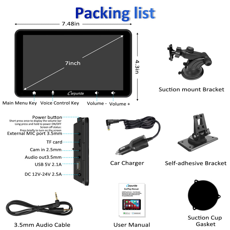 CARPURIDE W708 Pro Portable Smart Multimedia Dual Bluetooth Dashboard Console
