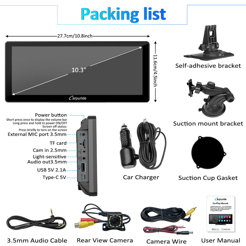 packing list: W103 Pro, car charger, mount brackets, user manual, rear camera, etc.