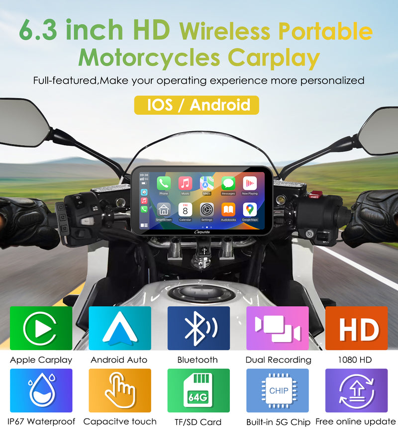 Carpuride W603 Wireless Portable Motorcycle Stereo with HD 1080P Dual Cameras