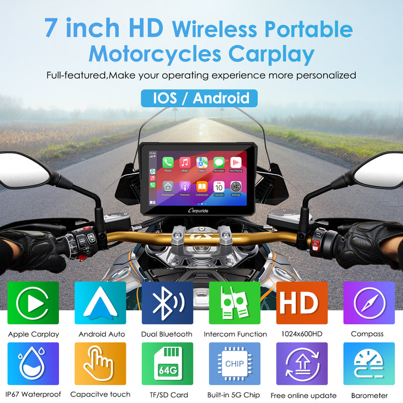 full-featured 7 inch HD wireless portable motorcycle speaker supports both IOS and android
