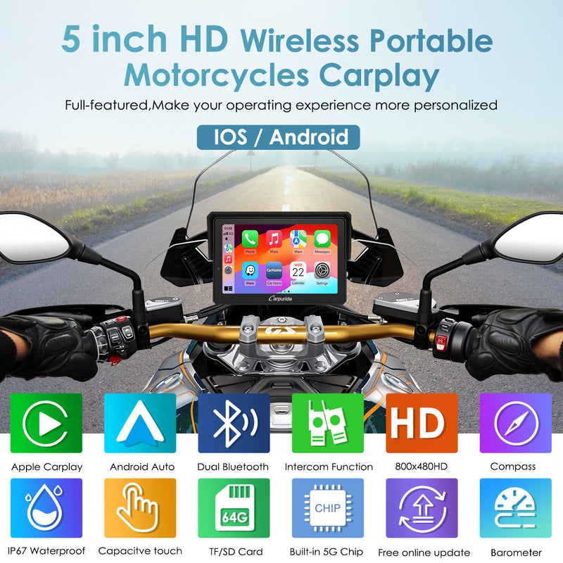 full-featured 5 inch HD wireless portable motorcycle audio supports both IOS and android system