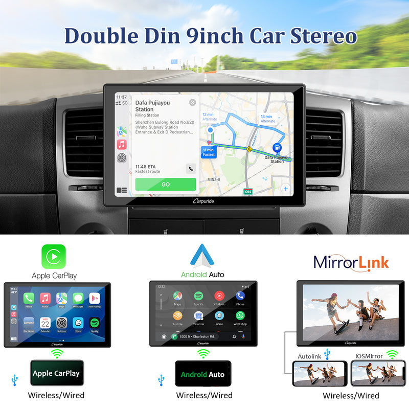 CARPURIDE YT09S Double Din Car Stereo with Wireless Apple CarPlay&Android Auto,9" IPS Touch Screen, GPS Navigation, BT, USB, FM, Rear Camera, SWC