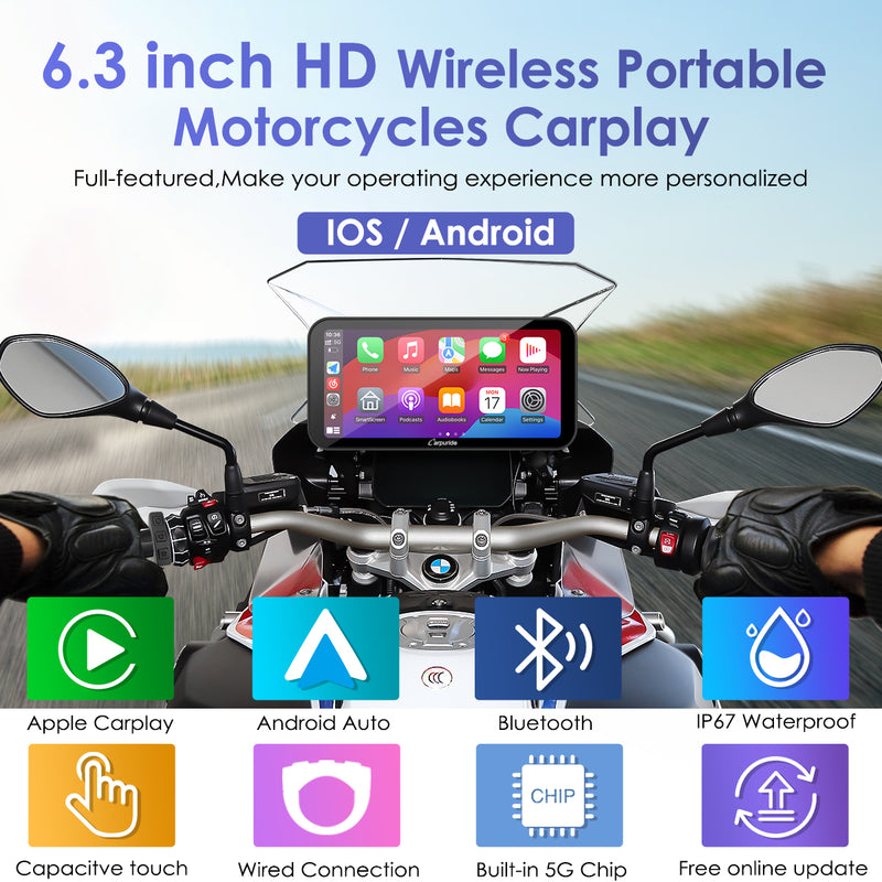 full-featured 6.3 inch HD wireless portable carplay screen for motorcycles