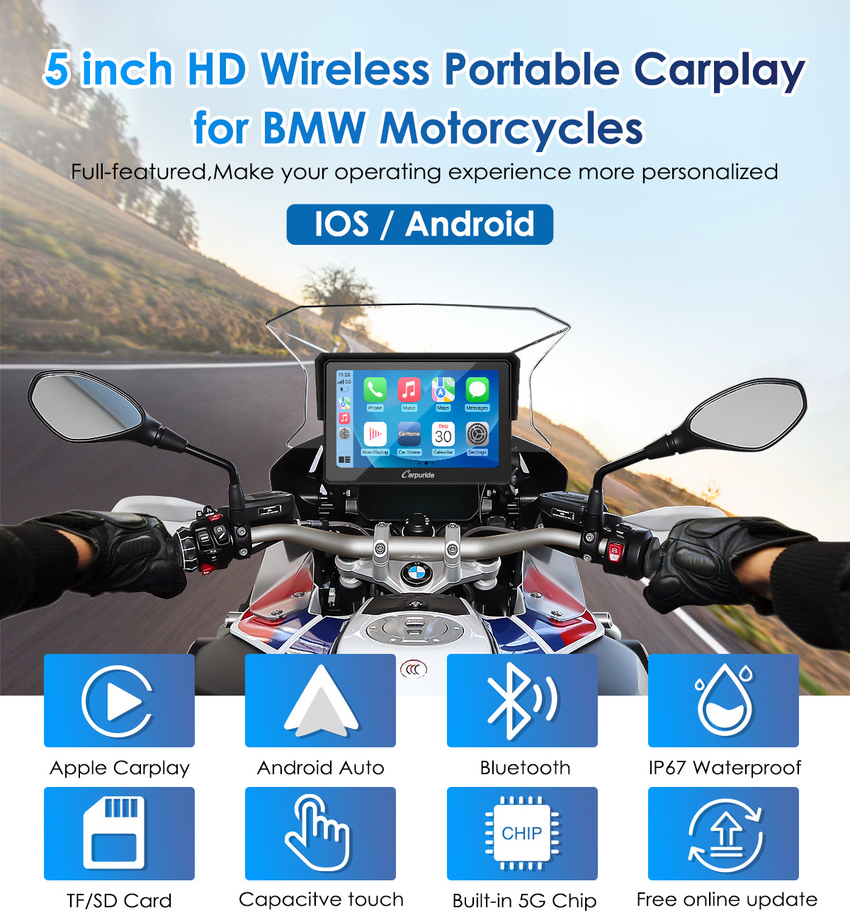Portable Motorcycle Stereo | BMW Motorcycle CarPlay | W502B Touch Screen