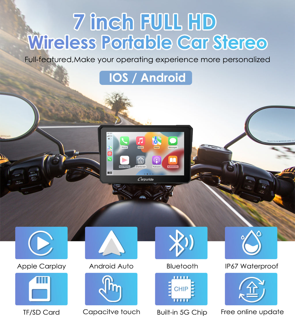 thumbnail image 2 of Carpuride W702 Wireless Apple Carplay & Android Auto Motorcycle Stereo – 7-Inch IPS Touchscreen, IP67 Waterproof, 5G WiFi, Bluetooth Transmitter 2 of 6