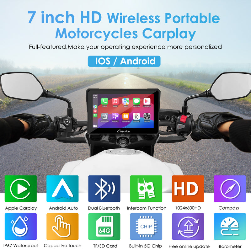 full-featured 7 inch HD wireless portable motorcycle speaker supports both IOS and android