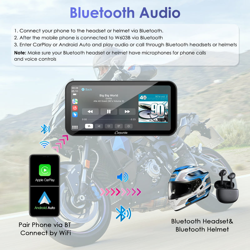 Carpuride W603B Wireless Portable Motorcycle Stereo with BMW Motorcycles Bracket