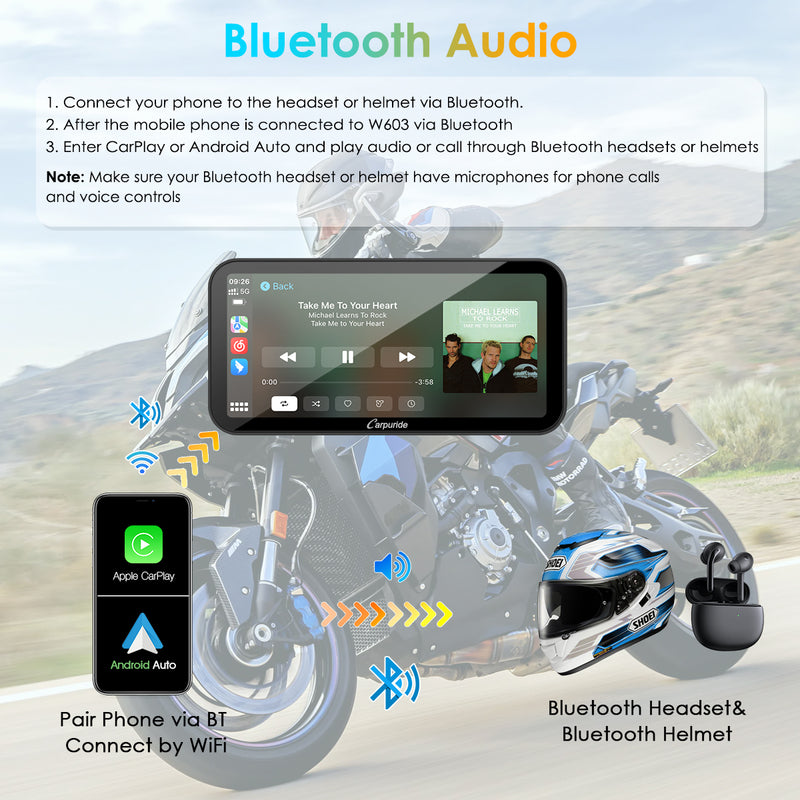 Carpuride W603D Wireless Portable Motorcycle Stereo with HD Dual Cameras