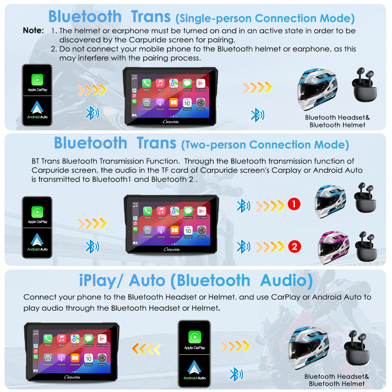 bluetooth motorcycle helmet speaker support three ways to connect Bluetooth headset or helmet. 
