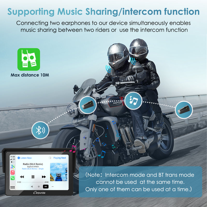 connect two helmets symutaneously, share music between two riders within maximum 10m