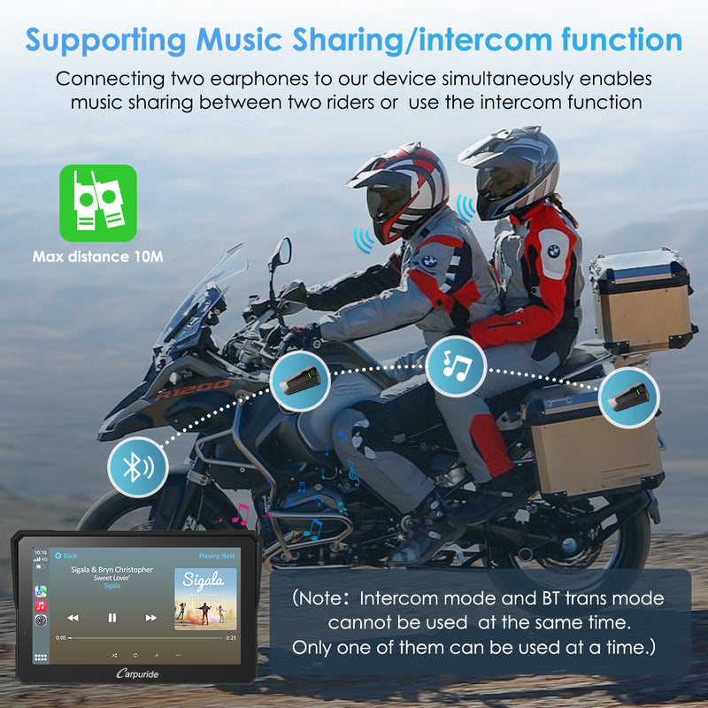 connect two helmets symutaneously, share music between two riders within maximum 10 meter
