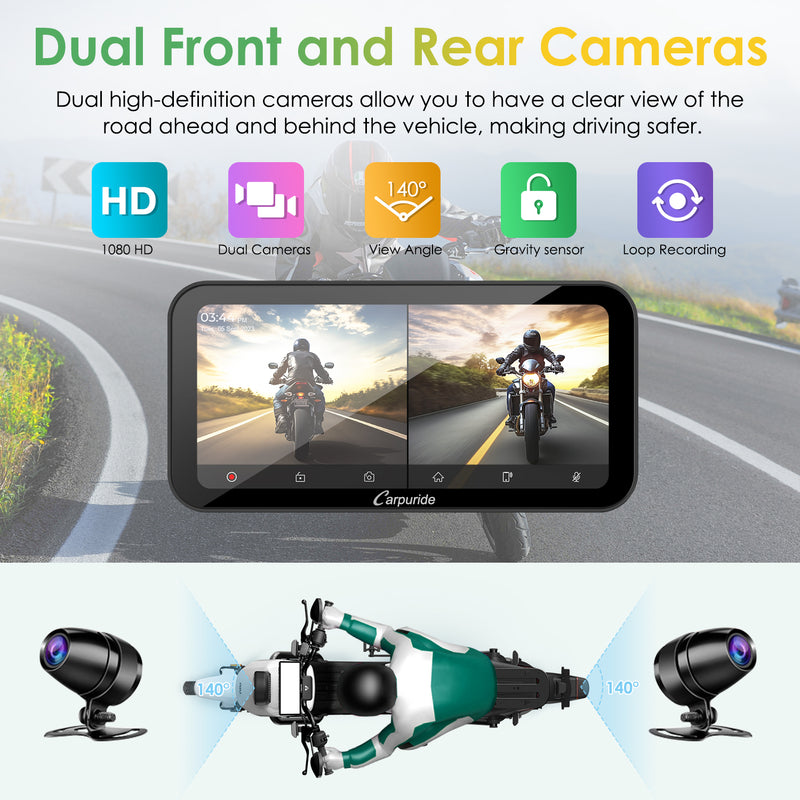 Carpuride W603D Wireless Portable Motorcycle Stereo with HD Dual Cameras