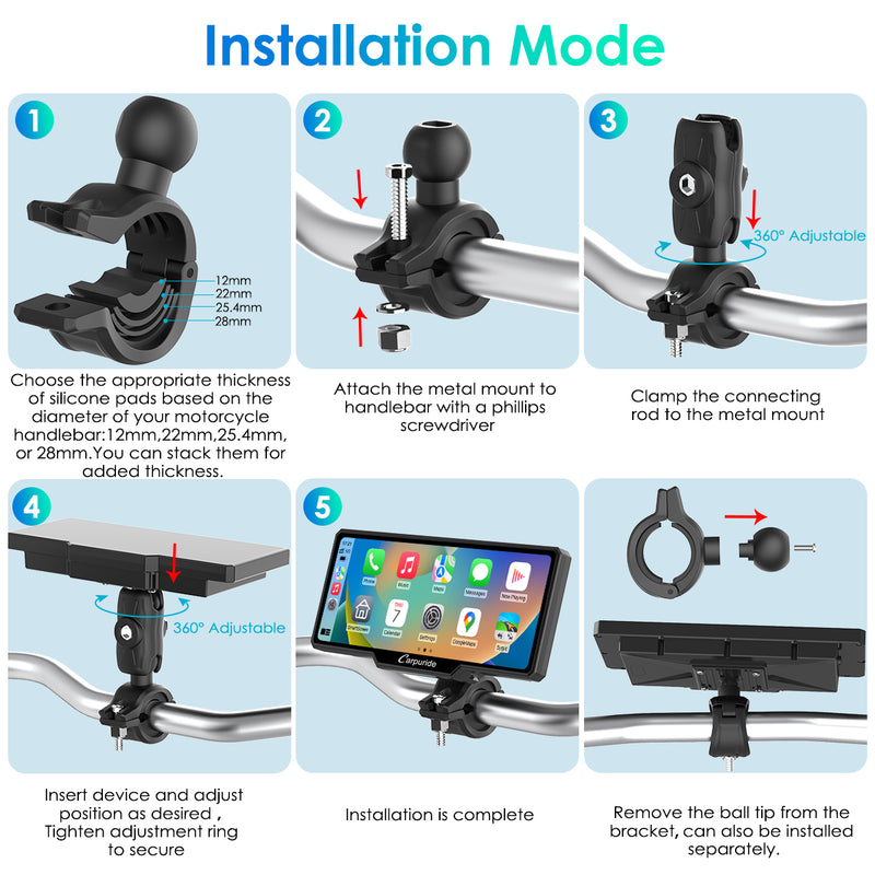 detailed round bracket installation instructure on motorcycle/bike bar