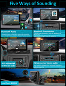 5 ways of sounding: bt audio, bluetooth transmission, local horn, aux connection, FM transmission