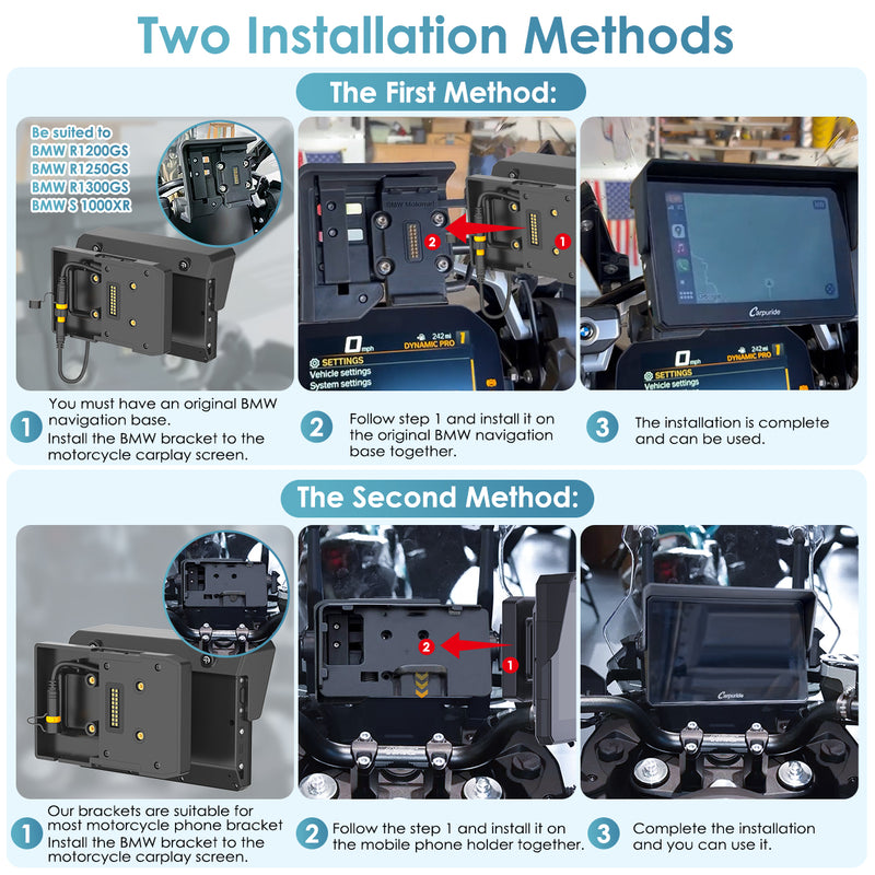 2 different ways to install the motorcycle gps screen on a BMW motorcycle through BMW bracket 