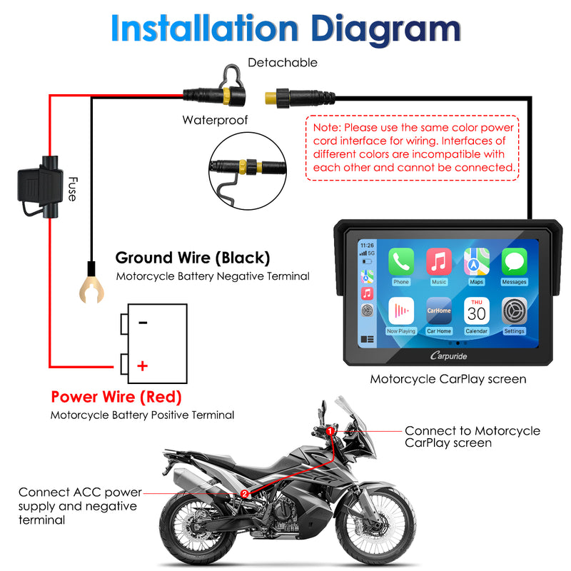 detailed instruction for how to install the motorcycle carplay screen on a bike through power cable