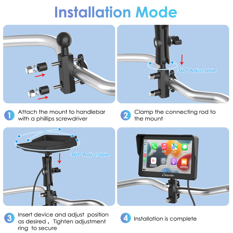 thumbnail interactive-video image 1 of Carpuride W702 Wireless Apple Carplay & Android Auto Motorcycle Stereo – 7-Inch IPS Touchscreen, IP67 Waterproof, 5G WiFi, Bluetooth Transmitter 1 of 6