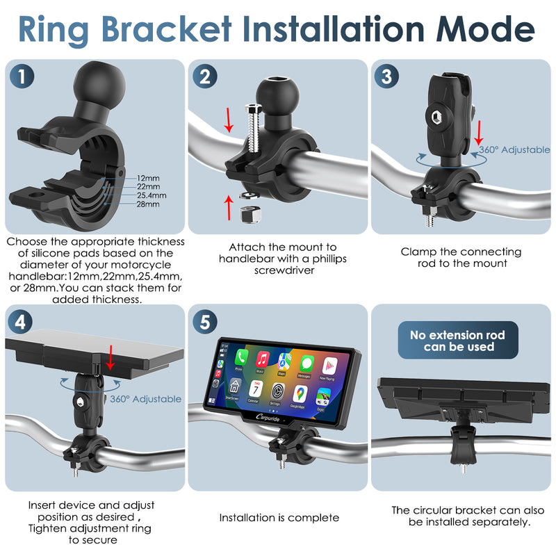 detailed round bracket installation instructure on motorcycle/bike bar