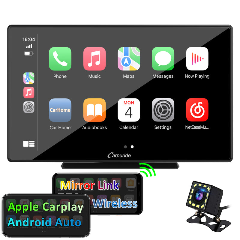 CARPURIDE Car Stereo with Wireless Apple CarPlay&Android Auto, 9" IPS Touch Screen, Multimedia Player & Bluetooth 5.0 Audio Hands Free Calling, GPS/Siri/Google/Mirror Link/Light-sensing/EQ effect with Backup Camera