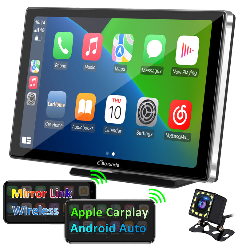 CARPURIDE Car Stereo with Wireless Apple CarPlay&Android Auto, 9" IPS Touch Screen, Multimedia Player & Bluetooth 5.0 Audio Hands Free Calling, GPS/Siri/Google/Mirror Link/Light-sensing/EQ effect with Backup Camera，Silver Frame