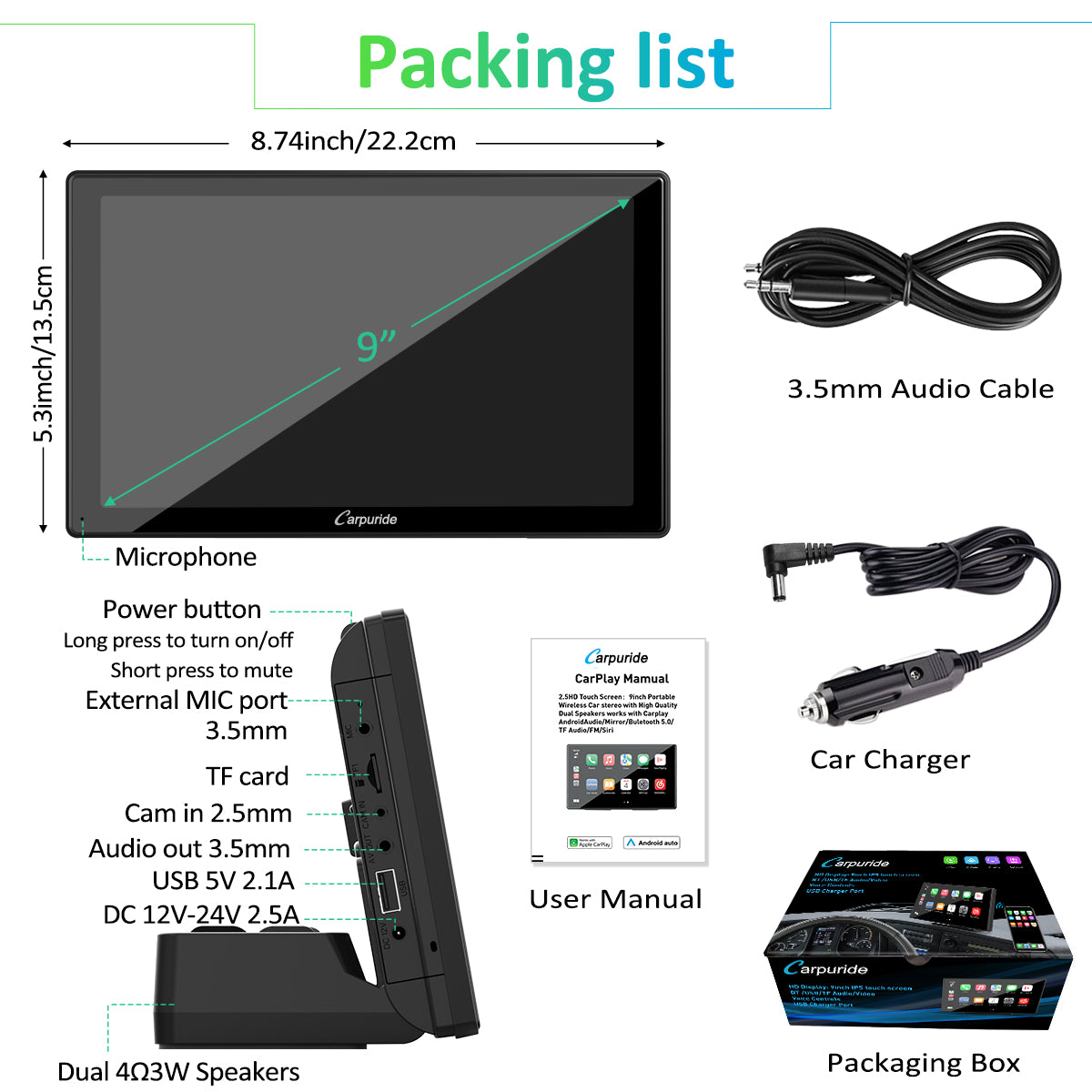 CARPURIDE Wireless Portable Car Stereo with Light-Sensitive,Dual 4Ω3W