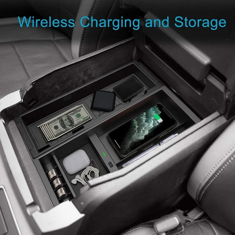 CARPURIDE Wireless Charger Center Console Organizer for Ford F150 2015-2020, Wireless Charging Pad Armrest Insert Pallet Storage Box