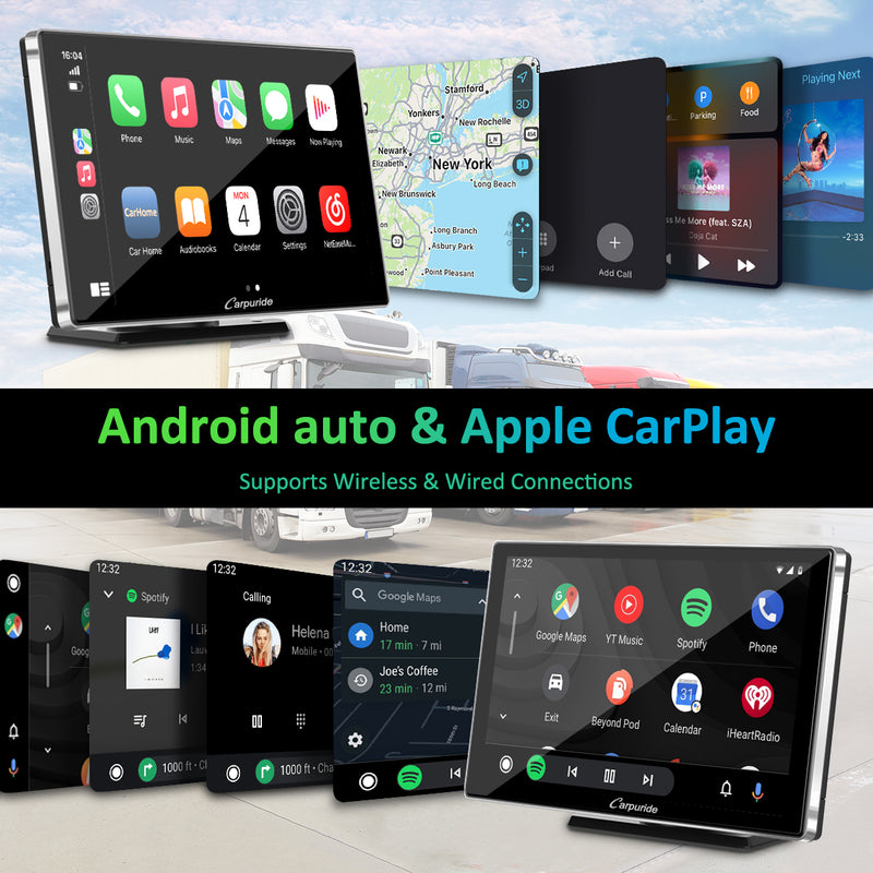 CARPURIDE Wireless Portable Car Stereo, support Google and Siri Assistant, 9 Inch IPS Touch screen, Car Radio Receiver with Carplay/ Android Auto/GPS /Mirror link/Bluetooth/FM/Light-sensing/EQ effect，Silver Frame
