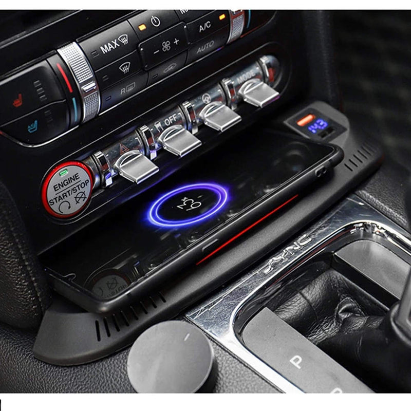 CARPURIDE Car QI Wireless Charger For Ford Mustang GT Accessories 2016-2021 Interior Modification 15W Fast Phone Charging Plate