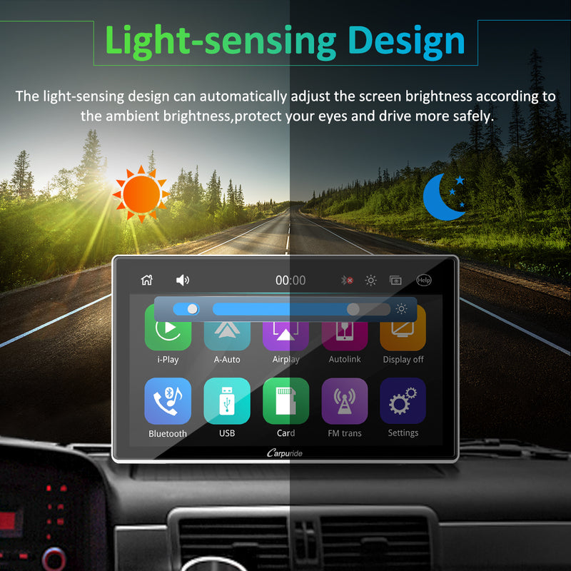 CARPURIDE Wireless Portable Car Stereo with Light-Sensitive,Dual 4Ω3W speakers, 9 Inch IPS Touchscreen Car Radio Receiver Works with Carplay/Android Auto/Mirror Link/Bluetooth/Google/Siri/WiFi/GPS Navigation,Silver